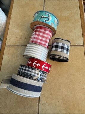 Assorted Nautical and Gingham Decorative Ribbon Bundle - Blue, Red, White, Tan